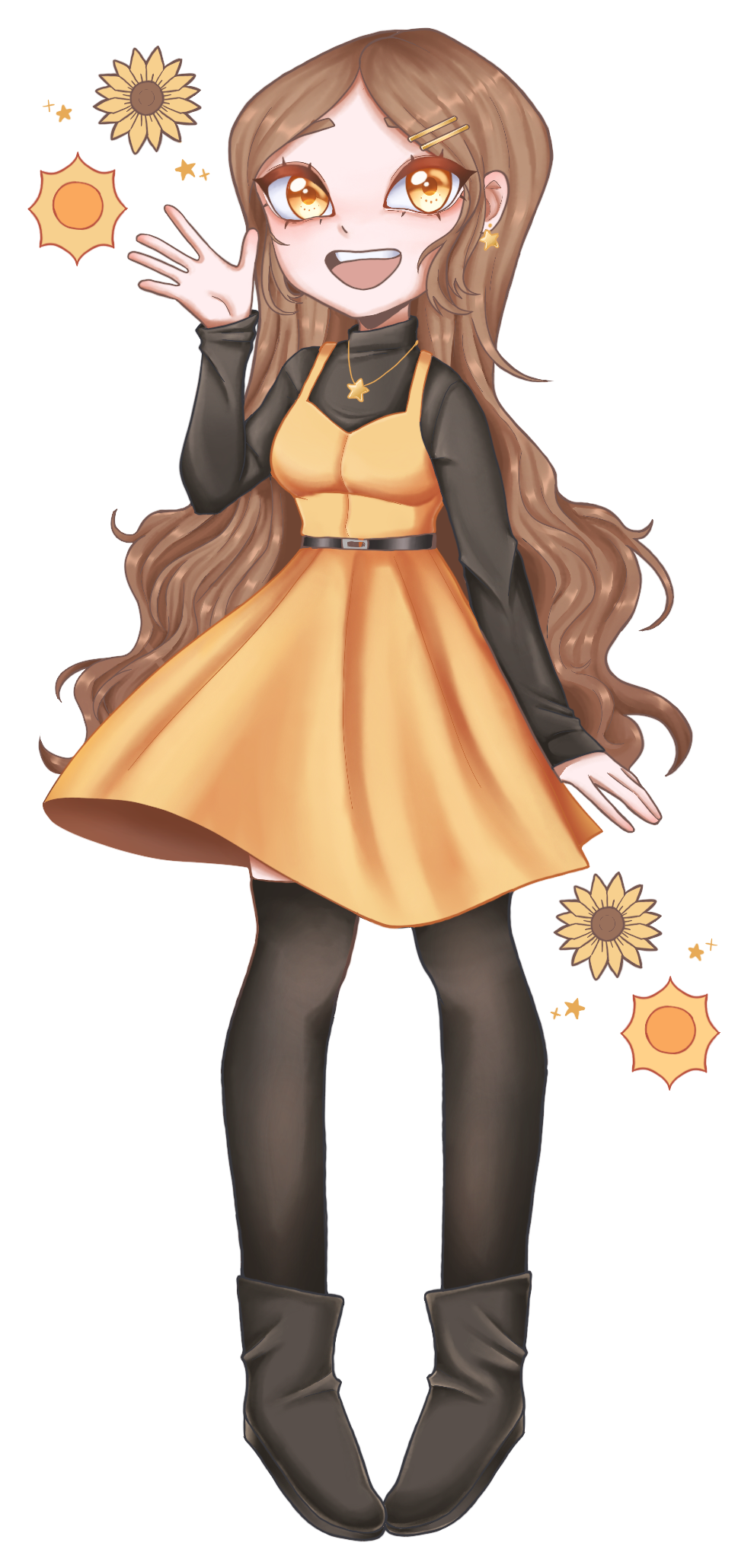 my oc sunny waving and smiling while surrounded by sunflowers, suns, and stars.